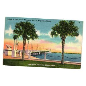Bridge Of Lions Postcard St Augustine Florida Vintage Tichnor Bros Linen Print